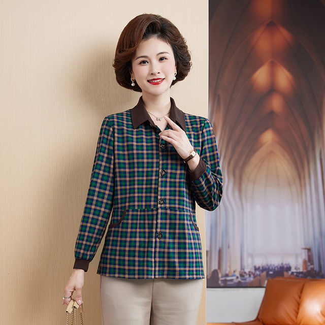 2023 Spring and Autumn Mom's Long Sleeve Plaid Shirt Middle-aged and Elderly Women's Jacket Short Casual Top Thin Jacket
