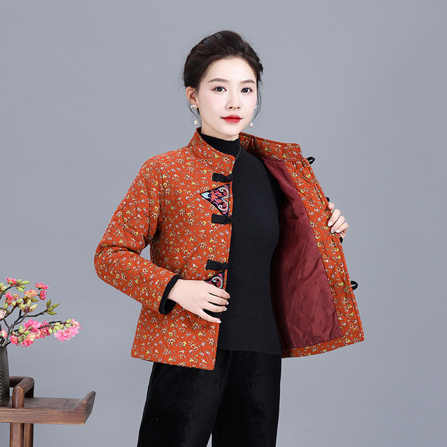 Ethnic style mother wear autumn and winter new short cotton jacket retro trouser stand collar middle-aged and elderly women's cotton clothes jacket