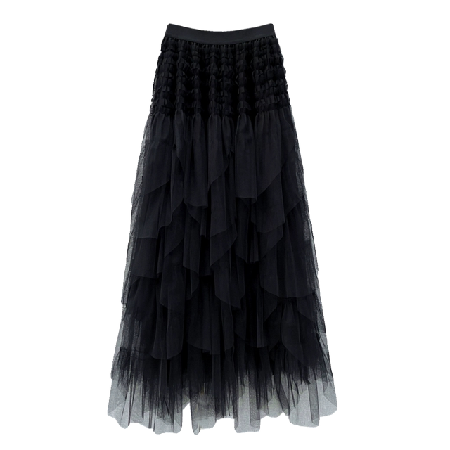 Liban LL668 irregular multi-layer mesh mid-length skirt for women in spring and autumn commuting black skirt soft cake skirt