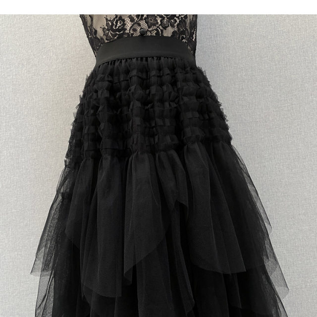 Liban LL668 irregular multi-layer mesh mid-length skirt for women in spring and autumn commuting black skirt soft cake skirt