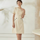 Luoyi simple round neck A-line dress for women 2025 summer clothes new commuter waist apricot color short-sleeved skirt 08567