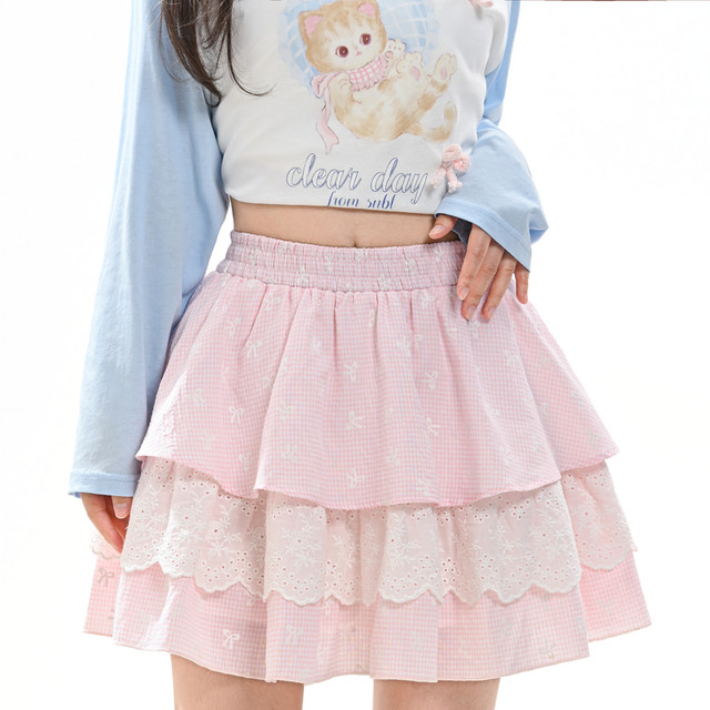 
Senwo tribe sweet style pink lace spliced cake skirt for women 2025 new versatile high-waisted skirt autumn