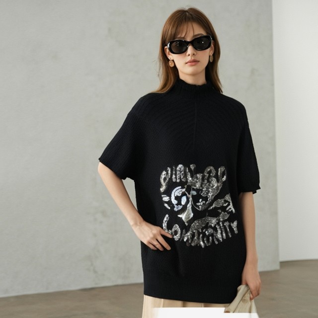 Sweater women's spring, autumn and winter medium-length hip rabbit velvet pullover base shirt slim temperament solid color sequin thin knitted sweater
