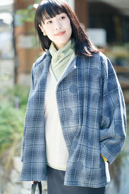 Sousou purchases Japanese Kyoto women's double-breasted wool coat with curved sleeves wide sleeves short style blue brown