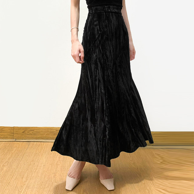 Removal of the counter! Large size retro palace style high-end velvet fishtail skirt high waist skirt mid-length skirt women's spring and autumn style