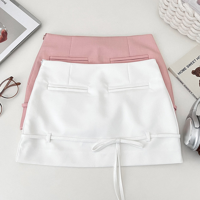 Sweet and pure lace-up bow with high waist slim skirt anti-exposure short skirt hip-cover skirt for women in summer