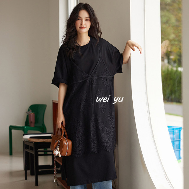 Weiyu large-size women's lace suspender dress 2025 summer new loose half-sleeved side-slit casual skirt
