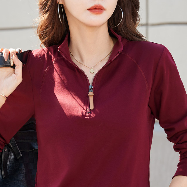 Zippered half high neck pure cotton long sleeve T-shirt for women with large size slim spring and autumn top middle-aged and elderly mothers base shirt