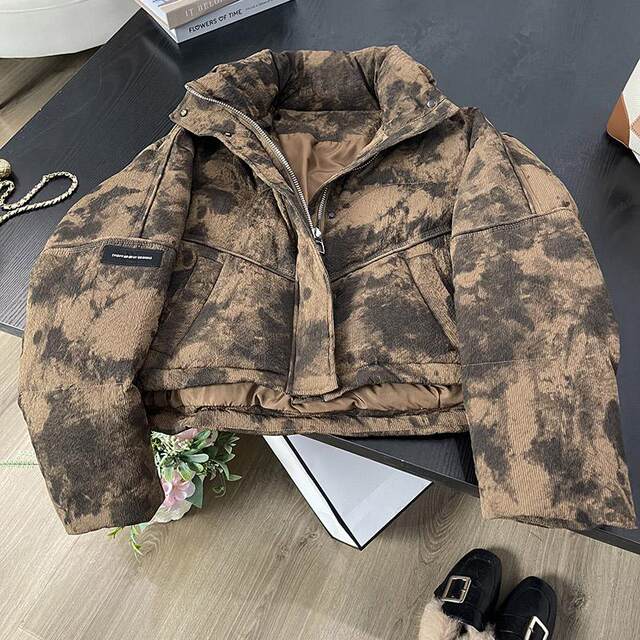 tie-dye down jacket for women 2024 winter new Korean version small loose thickened stand collar bread jacket short jacket