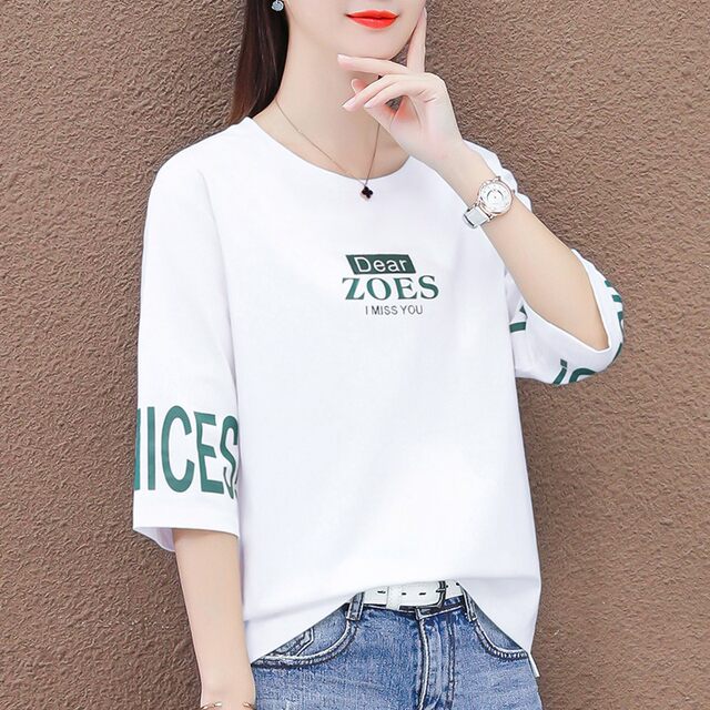 Mid-sleeved top three-quarter sleeve blue T-shirt women's short-sleeved 2024 new summer thin loose half-sleeved T-shirt
