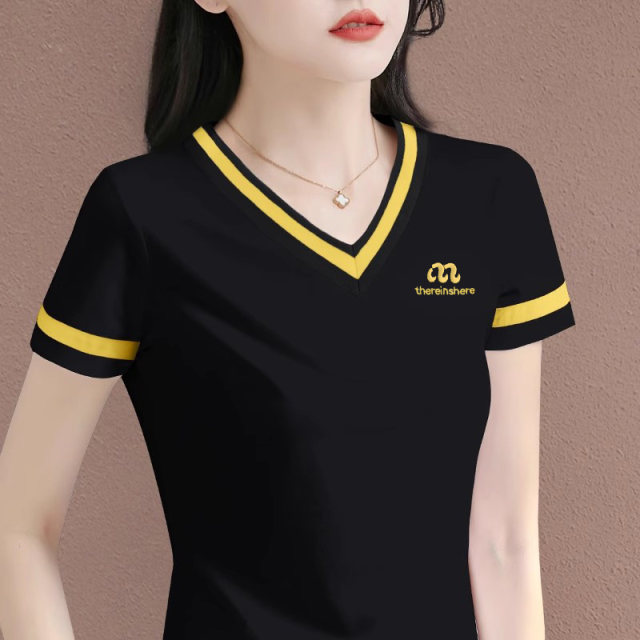 Green V-neck Short-sleeved T-shirt for women 2024 summer new half-sleeved loose and fashionable shoulder top high-end T-shirt
