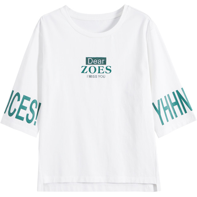 Mid-sleeved top three-quarter sleeve blue T-shirt women's short-sleeved 2024 new summer thin loose half-sleeved T-shirt
