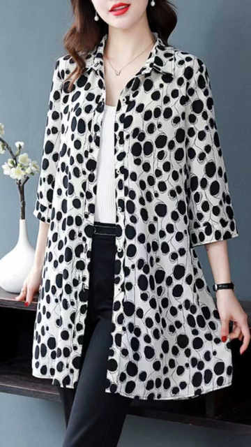 Polka dot chiffon shirt for women mid-length shirt for summer quarter sleeve top fashionable loose large size mother dress shirt