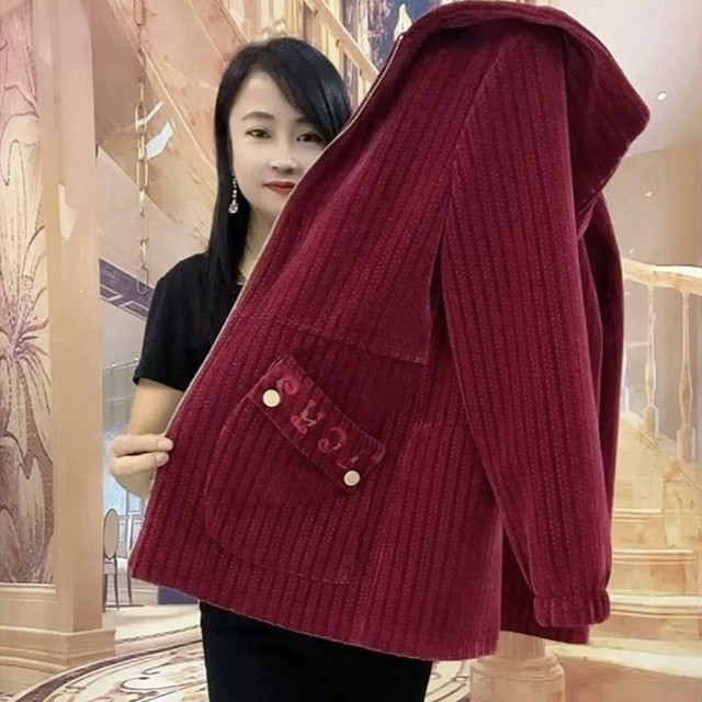 New thickened corduroy jacket for women simple casual hooded coat loose plus fat mother suit autumn style
