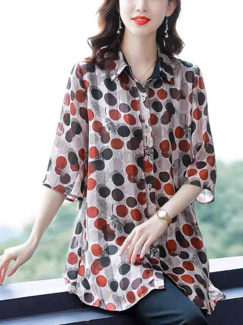 Polka dot chiffon shirt for women mid-length shirt for summer quarter sleeve top fashionable loose large size mother dress shirt