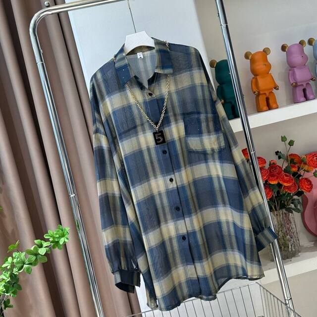 Starry Sky Flash Plaid Sunscreen 0085# Summer Long Sleeve Loose Air Conditioning Shirt Casual Mid-Length Plaid Shirt Top