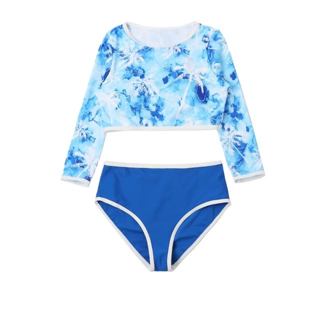 Export new children's long-sleeved split swimsuit fashionable sun protection girl triangle swimsuit cute big children's swimsuit with breast pad
