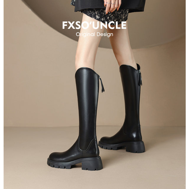 Genuine leather Fangxiang 2025 autumn new V-mouth boots small high-heeled black slim knight boots long boots for women