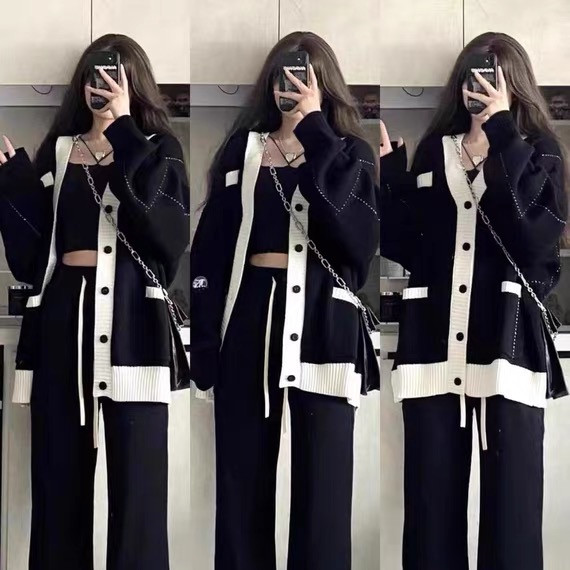 Plus size fat girl black sweater coat women's spring, autumn and winter new V-neck Japanese style lazy college style knitted cardigan