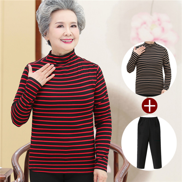 Mom wear spring and autumn long-sleeved half-high-neck base shirt grandma wear autumn clothes middle-aged and elderly women's autumn striped T-shirt