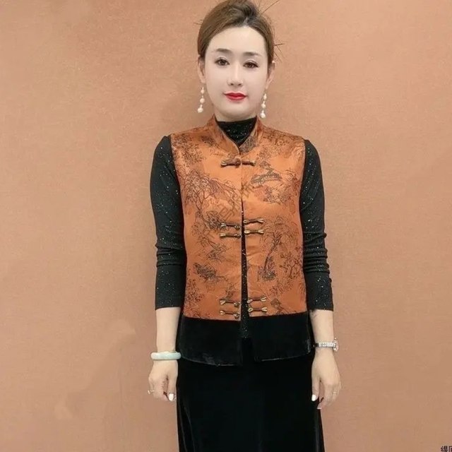 National style velvet splicing vest for women 2025 autumn new style young mother wear new Chinese style plate button waistcoat top