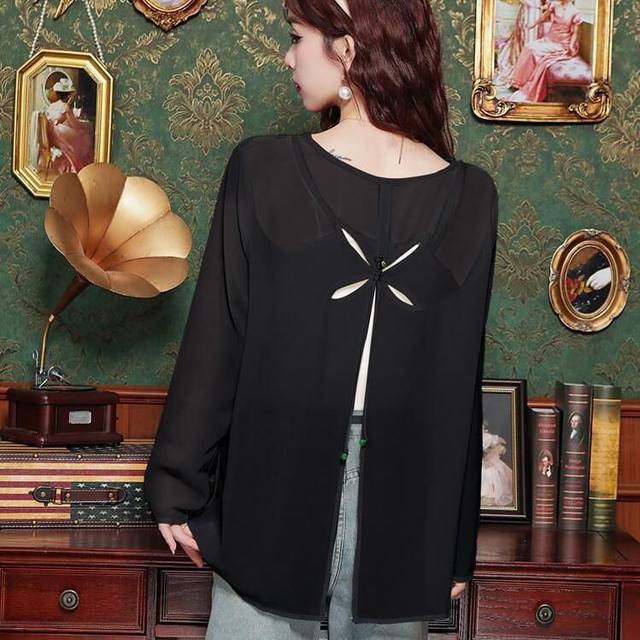 French back bow tie hollow sunscreen shirt for women in summer niche loose slim chiffon blouse top

