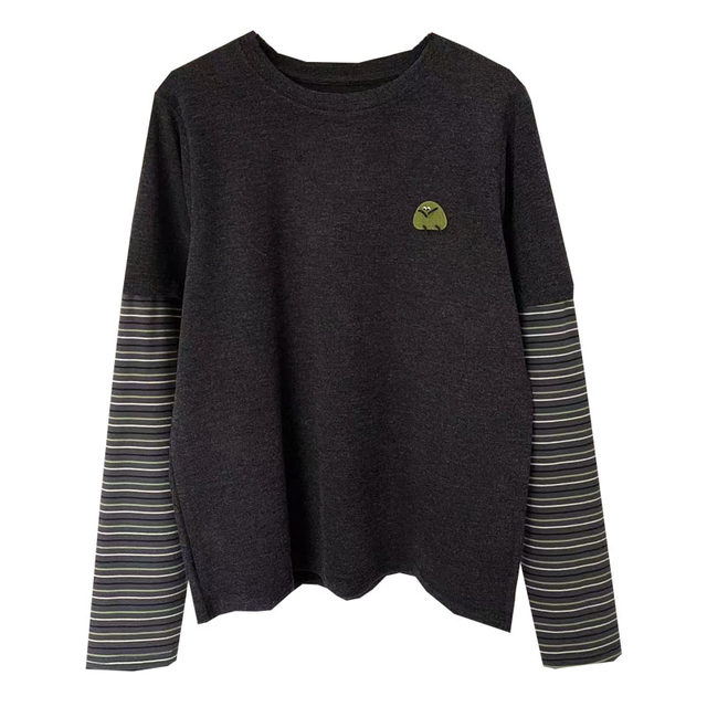 Two pieces dark gray brushed furry T-shirt striped sleeve spliced ​​loose long sleeve base shirt top for women
