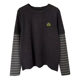 Two pieces dark gray brushed furry T-shirt striped sleeve spliced ​​loose long sleeve base shirt top for women
