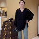 Black lace base shirt for women in mid-long autumn and winter hollow V-neck large-size split inner shirt loose lace top