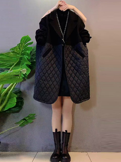 Fat Sister 2022 autumn and winter new large-size women's lapel woolen splicing coat style simple age-reducing jacket