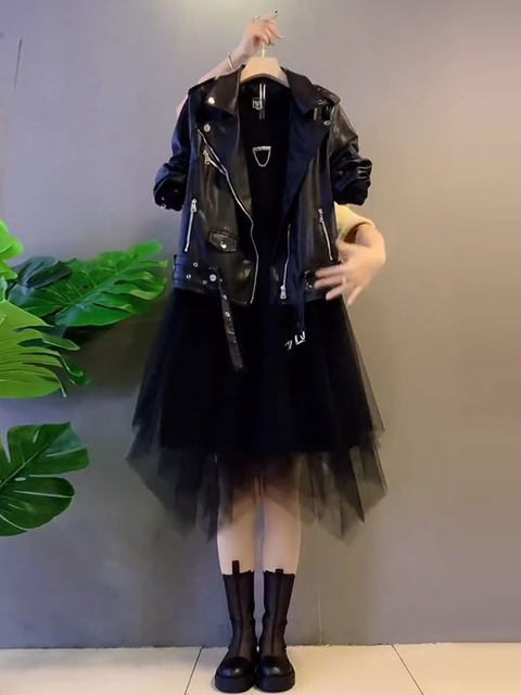 Fat Sister Trendy 2021 Autumn New Large Size Women's Loose Jacket Leather Jacket Metal Base Mesh Dress