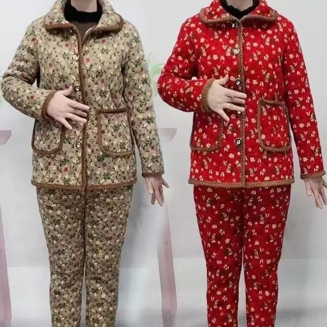Mom's autumn and winter three-layer cotton plus velvet cotton coat set new winter middle-aged women's cotton jacket and cotton pants two-piece set