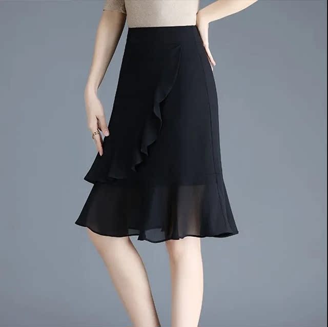 Chiffon skirt for women in summer new A-line fishtail skirt thin high-waisted slim and versatile ruffled hip skirt
