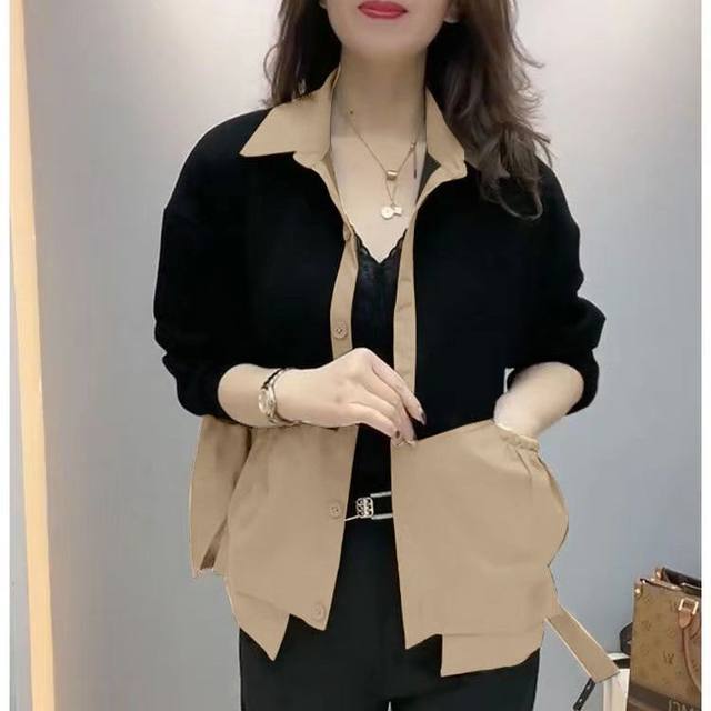 2025 high-end contrasting color splicing women's jacket spring new style polo collar double pocket loose casual mother suit