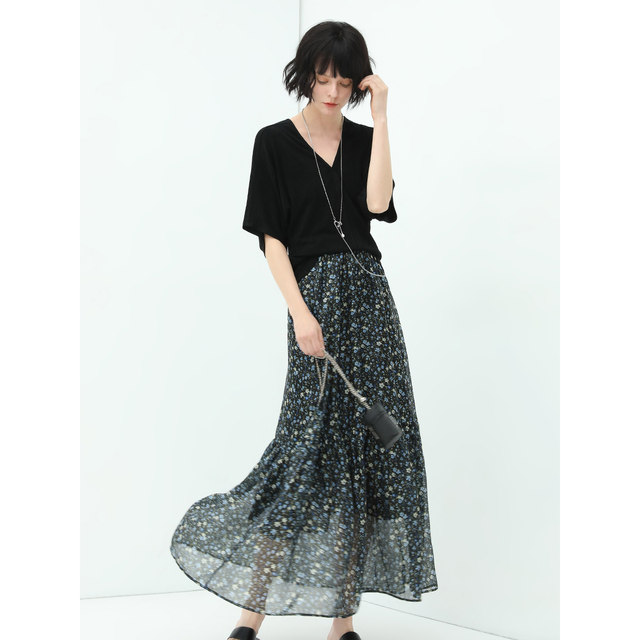 COCOBELLA temperament flowing printed large pleated floral skirt A-line long skirt HS117