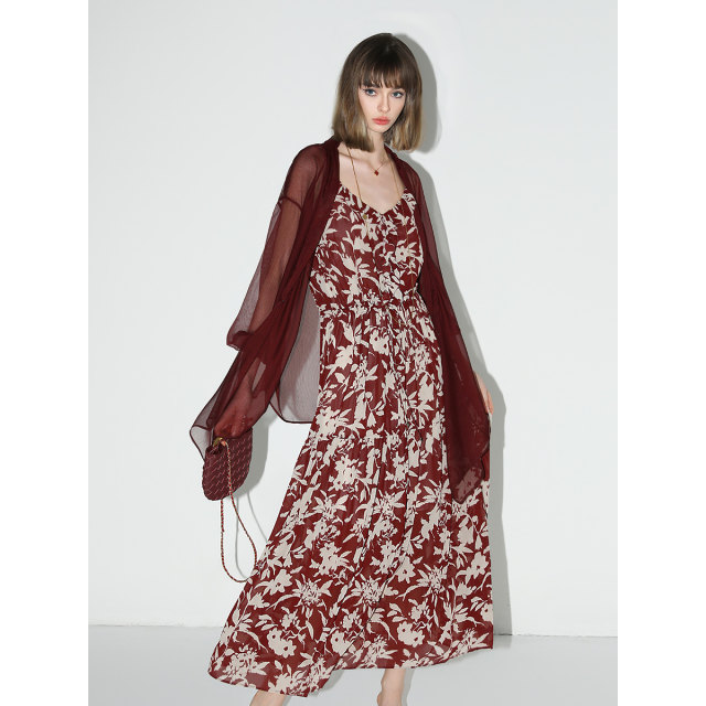 COCOBELLA heavy industry silk ruffle suspender skirt printed chiffon long skirt FR187