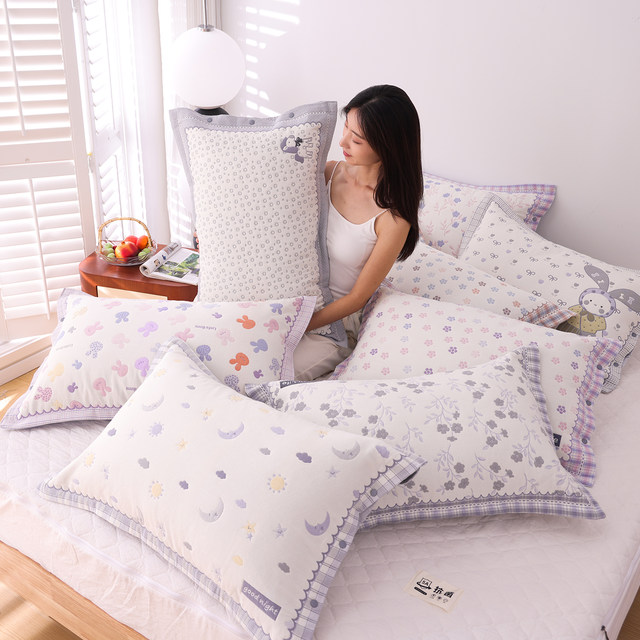 High-density pure cotton gauze snap pillow case one pair of cartoon all-purpose cotton pillow case all seasons, non-skinned pillow core cover