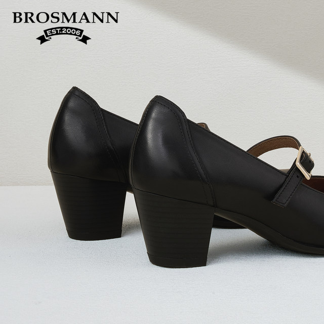 Baoshuman genuine leather Mary Jane shoes for women new thick high heels cowhide soft sole commuting retro leather shoes shallow mouth single shoes
