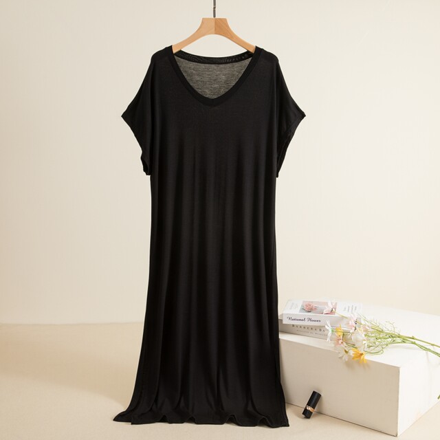 Modal V -neck short -sleeved long skirt Female summer thin cooling nightdress large size loose outer wearing casual skirt dress