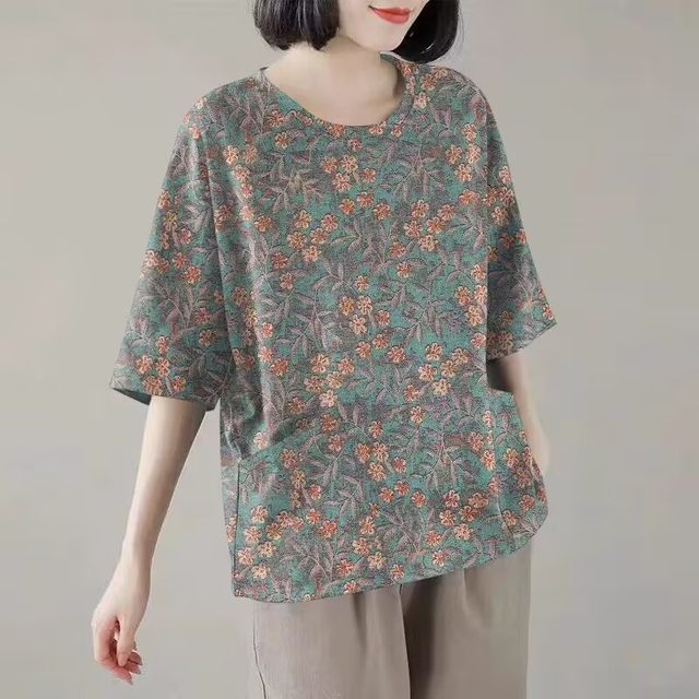 100% pure cotton round neck mid-cuff pocket T-shirt printed Korean style fashionable versatile loose women's high-end shirt for women