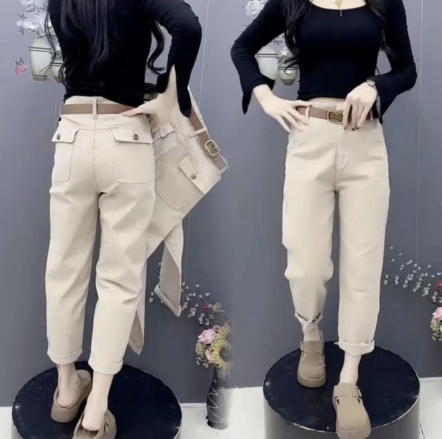 New high-waist khaki denim harem pants for spring 2025, women's loose age-reducing retro slimming nine-point pants trendy
