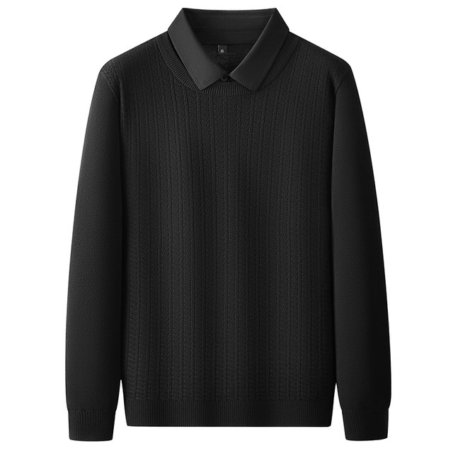 Fat man wears fake two-piece plus size shirt collar sweater for men plus fat jacquard solid color sweater casual long sleeves