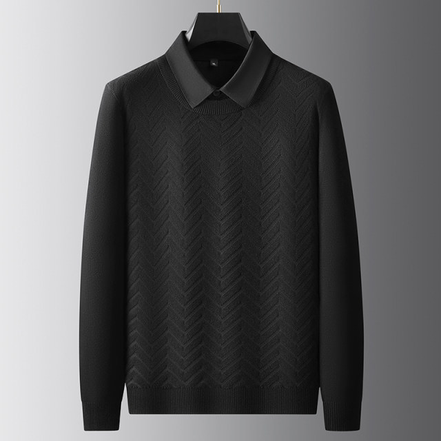 Fat man wears fake two-piece plus size shirt collar sweater for men plus fat jacquard solid color sweater casual long sleeves