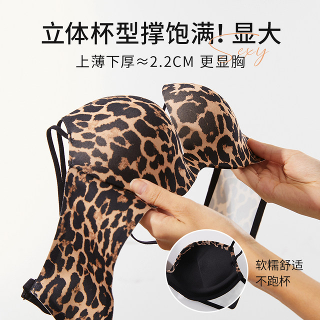 Women's underwear with small breasts gathered round breasts sexy leopard print simple glossy one-piece steel ringless bra set