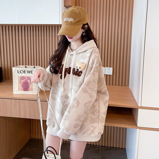 Design sense cartoon age-reducing hooded sweatshirt for women with autumn and winter plus velvet thickened loose large size junior high school students top