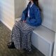 Korea Dongdaemun Fashionable and versatile plaid long skirt lace-up skirt high waist big hem skirt
