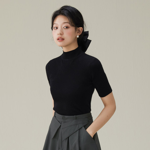 one more2025 summer half turtleneck sweater mid-sleeved women's T-shirt high-end feel bottoming top for women's clothing