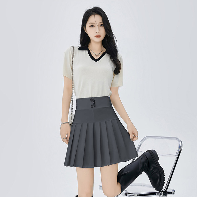 ONE MORE elastic waist pleated skirt for women 2025 autumn anti-exposure elastic high waist slimming skirt A-line skirt