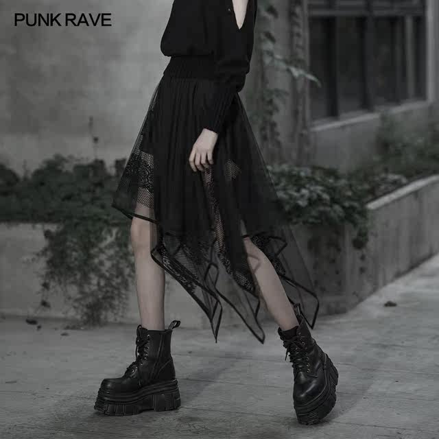 Dark punk chiffon skirt, high-end women's summer 2024 new style irregular lace splicing mid-length skirt street shooting