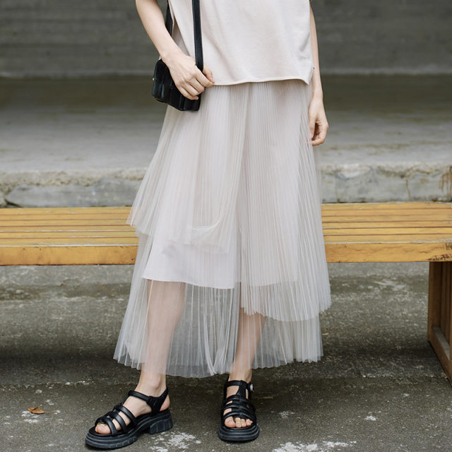 2025 summer new product stacked yarn high-waisted slim skirt for women fashion versatile temperament design A-line mid-length skirt